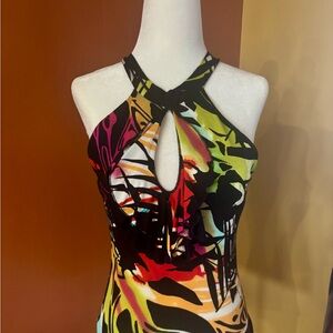 Colorful Abstract Print Halter Bodysuit